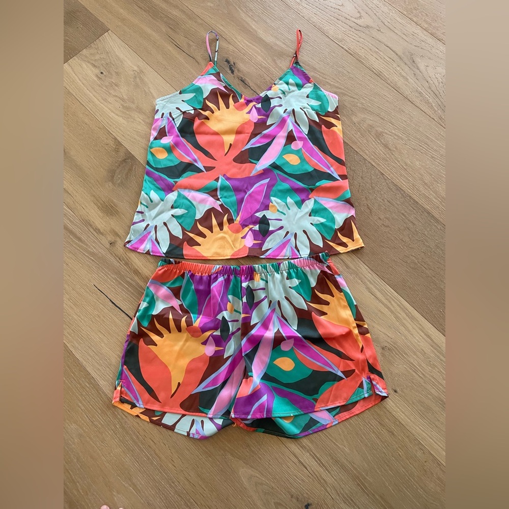 stars above Bright Multicolor Tropical Print Satin Cami & Shorts Pajama Set